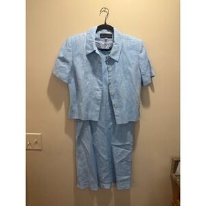 Vintage Kelly Graham Petites Blue Linen Dress Jacket Set Size 12P Women's Church